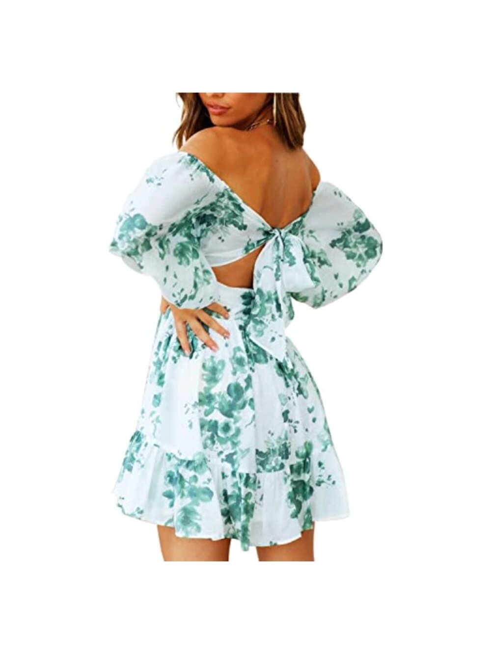 Women's Chiffon Lantern Sleeve Off Shoulder Mini Dress Tie Back Ruffle